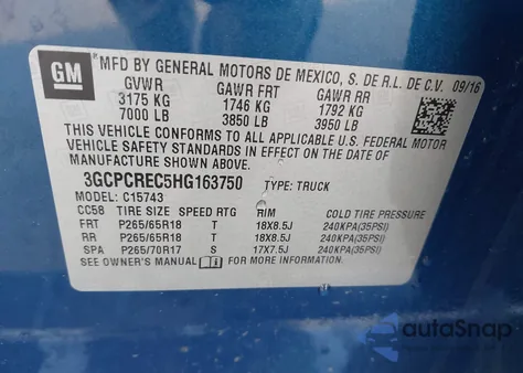 2017 Chevrolet Silverado 1500 1Lt из США, поврежденный, VIN 3GCPCREC5HG163750